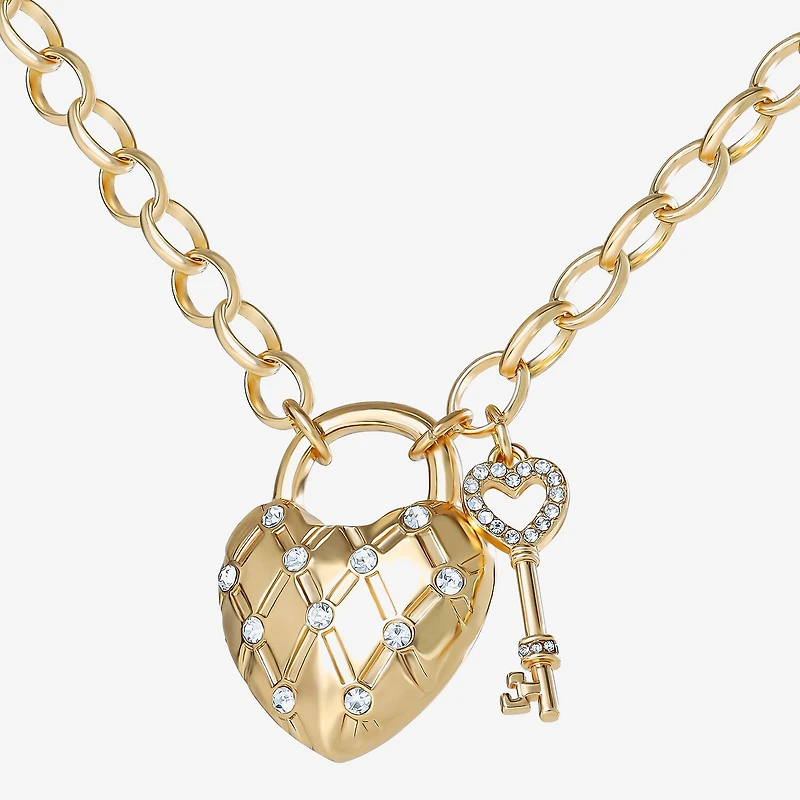Juicy By Juicy Couture Gold Tone Pad Lock Womens Crystal Alloy Heart Keys 18 Inch Pendant Necklace