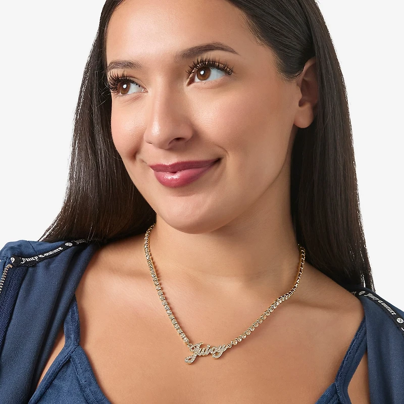 Juicy By Juicy Couture Gold Tone Script Womens Crystal 18 Inch Tennis Necklace