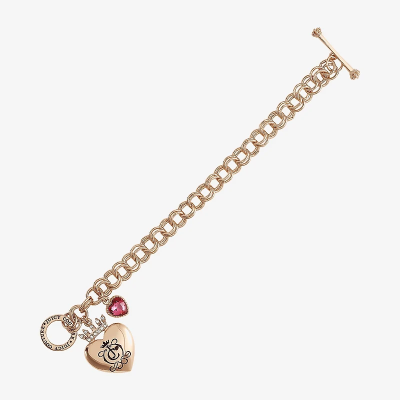 Juicy By Juicy Couture Gold Tone Toggle Womens Pink Crystal Crown Heart Charm Bracelet