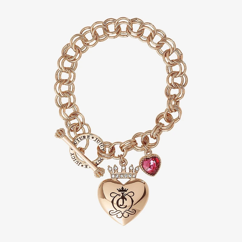 Juicy By Juicy Couture Gold Tone Toggle Womens Pink Crystal Crown Heart Charm Bracelet