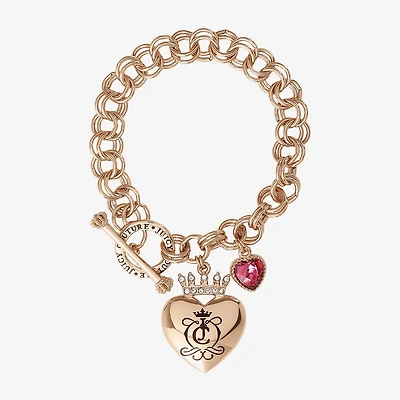 Juicy By Juicy Couture Gold Tone Toggle Womens Pink Crystal Crown Heart Charm Bracelet