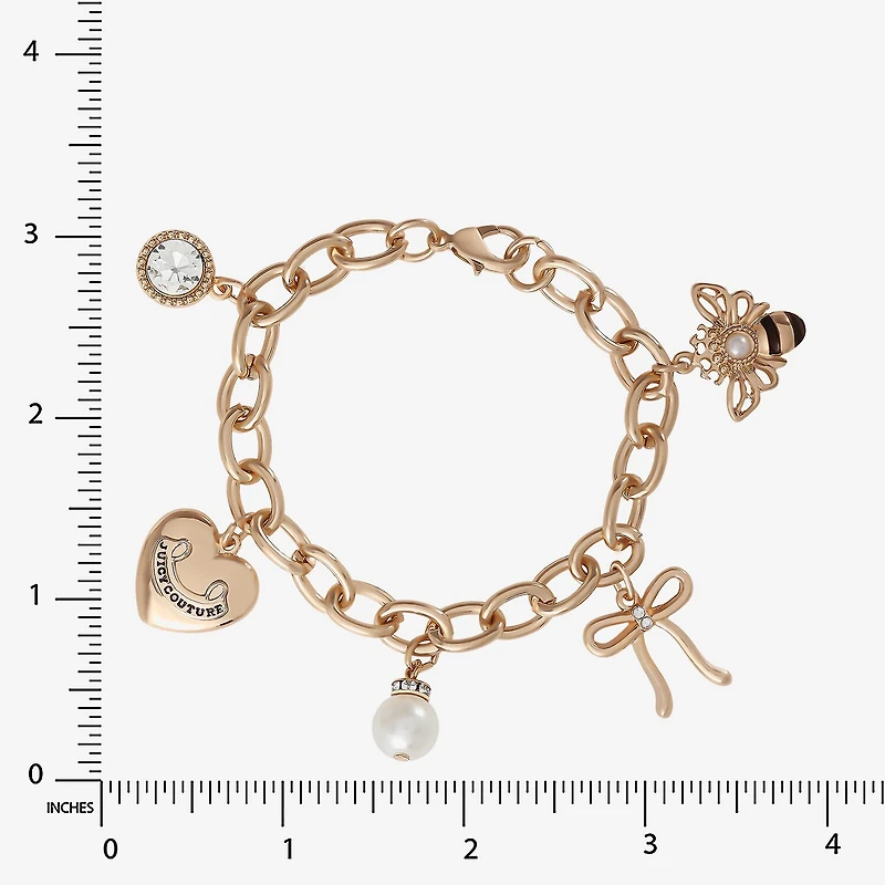 Juicy By Juicy Couture Gold Tone Queen Bee Womens White Crystal Simulated Pearl Bow Crown Charm Bracelet