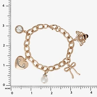 Juicy By Juicy Couture Gold Tone Queen Bee Womens White Crystal Simulated Pearl Bow Crown Charm Bracelet
