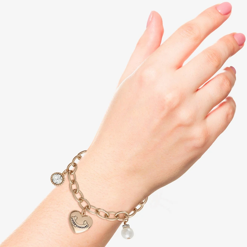 Juicy By Juicy Couture Gold Tone Queen Bee Womens White Crystal Simulated Pearl Bow Crown Charm Bracelet