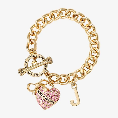 Juicy By Juicy Couture Gold Tone Toggle Womens Pink Crystal Bow Heart Charm Bracelet