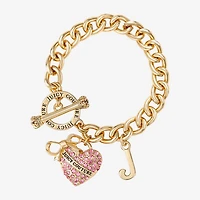 Juicy By Juicy Couture Gold Tone Toggle Womens Pink Crystal Bow Heart Charm Bracelet