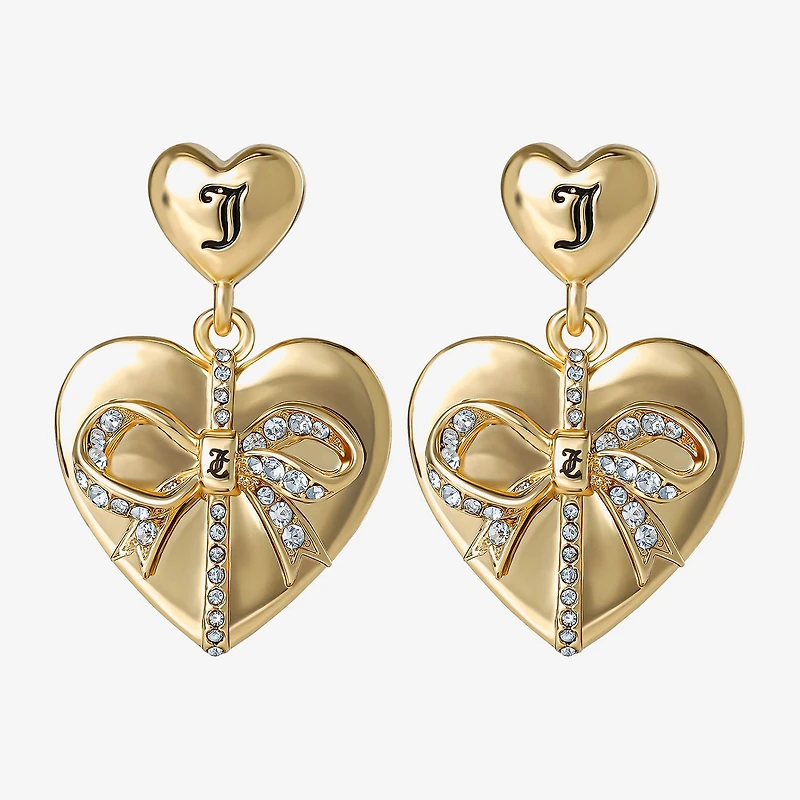 Juicy By Juicy Couture Gold Tone Womens Crystal Bow Heart Drop Earrings