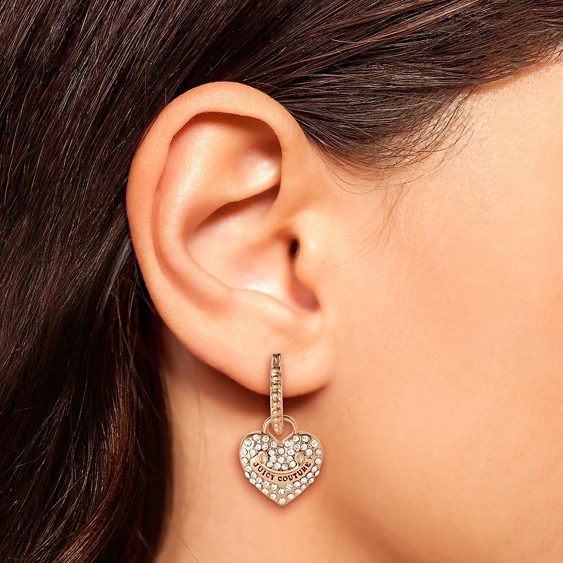 Juicy By Juicy Couture Gold Tone Charm Pave Womens Crystal 34.1mm Heart Hoop Earrings