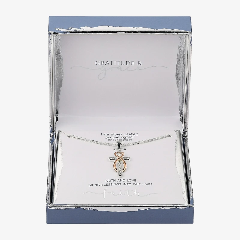 Gratitude & Grace Faith Womens Crystal Pure Silver Over Brass Cross Heart Infinity 16 Inch Pendant Necklace