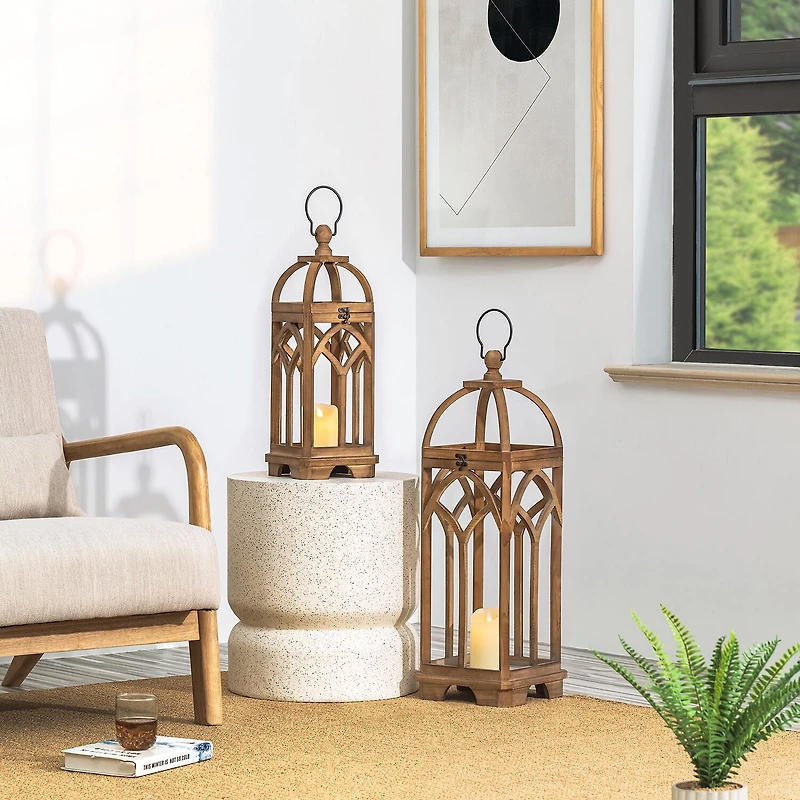 Glitzhome Farmhouse Wooden Church Window Frame 2-pc. Decorative Lantern