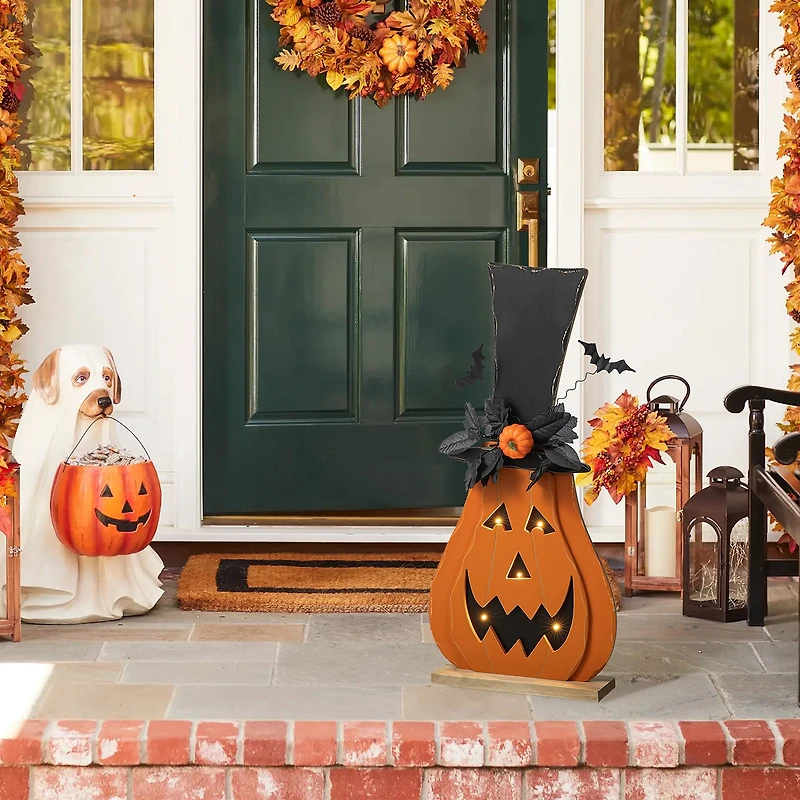 Glitzhome "29.5"" Lighted Wooden Porch Decor" Halloween Porch Sign