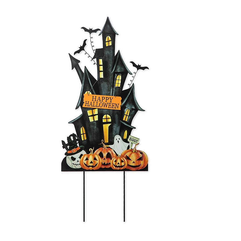 Glitzhome "32"" Metal Haunted House Yard Stake" Halloween Yard Art
