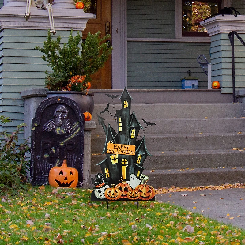 Glitzhome "32"" Metal Haunted House Yard Stake" Halloween Yard Art