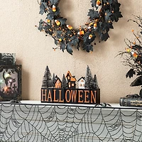 Glitzhome 14"Wooden Haunted House Table Sign Halloween Tabletop Decor