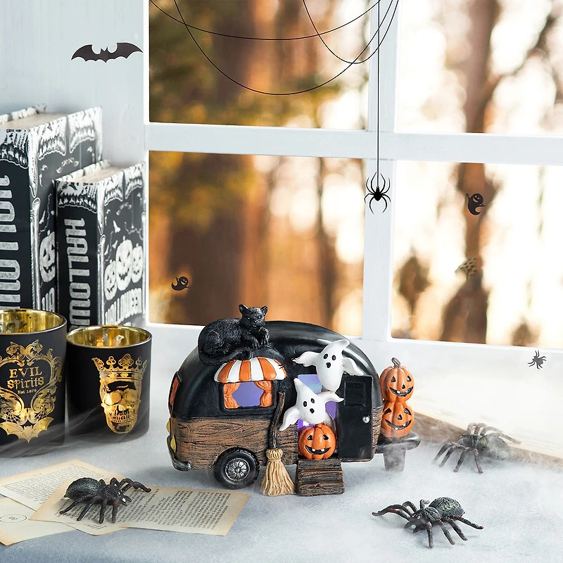 Glitzhome 9.25"Camperw/Ghost & Pumpkin & Cat Table Halloween Tabletop Decor
