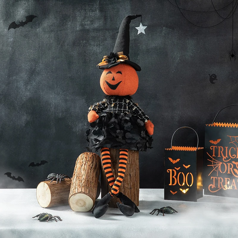 Glitzhome 30" Fabric Dressed Pumpkin Sitter Halloween Tabletop Decor