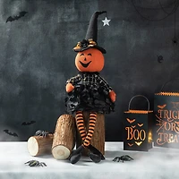 Glitzhome 30" Fabric Dressed Pumpkin Sitter Halloween Tabletop Decor