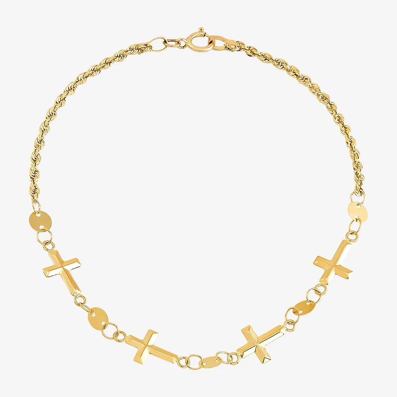Womens 14K Gold Hollow Cross 7 Inch Link Bracelet