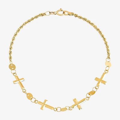 Womens 14K Gold Hollow Cross 7 Inch Link Bracelet