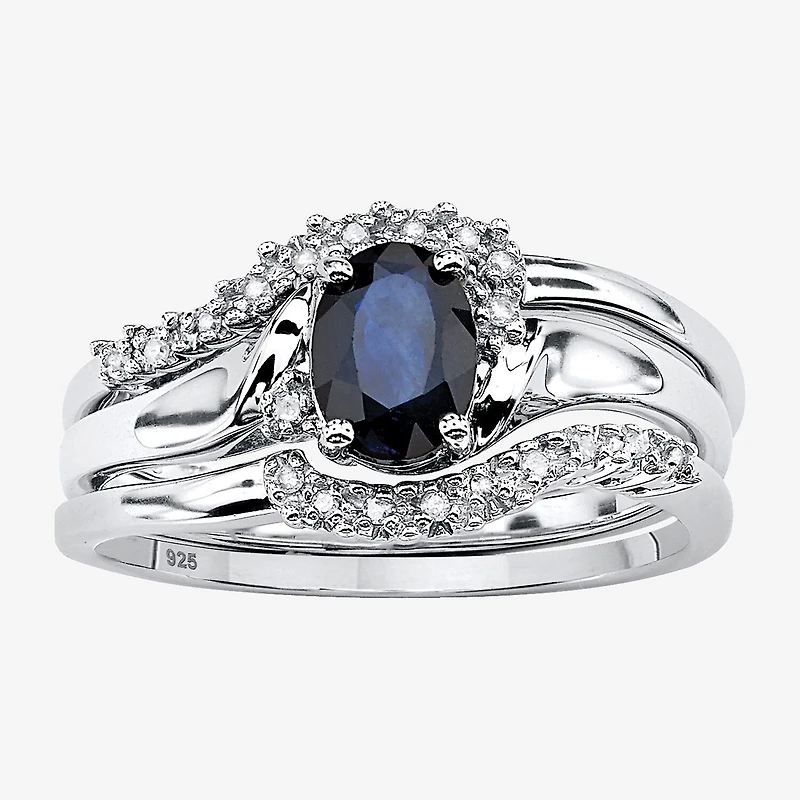 DiamonArt® Womens 1 1/10 CT. T.W. Genuine Blue Sapphire Platinum Over Silver Oval Bridal Set