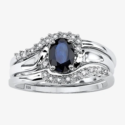 DiamonArt® Womens 1 1/10 CT. T.W. Genuine Blue Sapphire Platinum Over Silver Oval Bridal Set