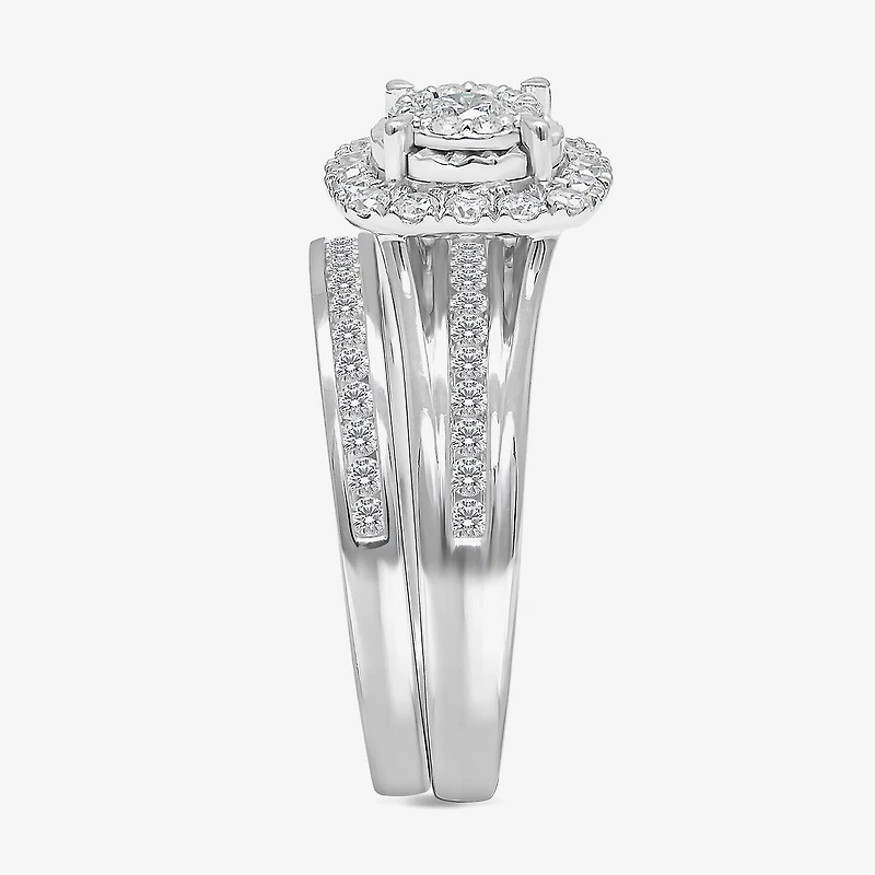 (I / SI2) Womens 1 CT. T.W. Lab Grown White Diamond 10K or 14K Gold Cushion Side Stone Halo Bridal Set