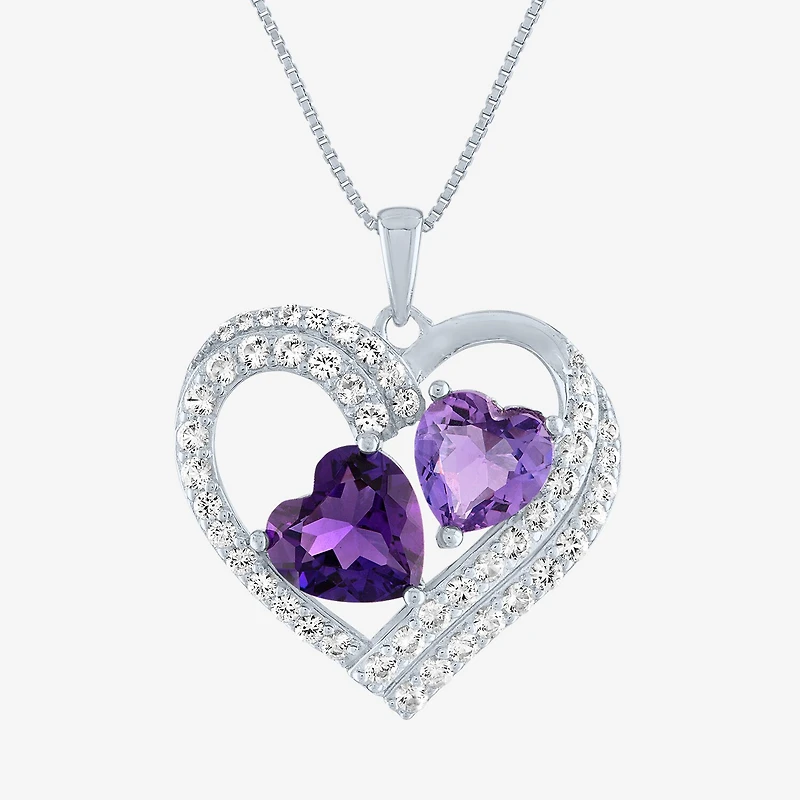 Womens Lab Created Amethyst or Ruby Sterling Silver Heart Pendant Necklace