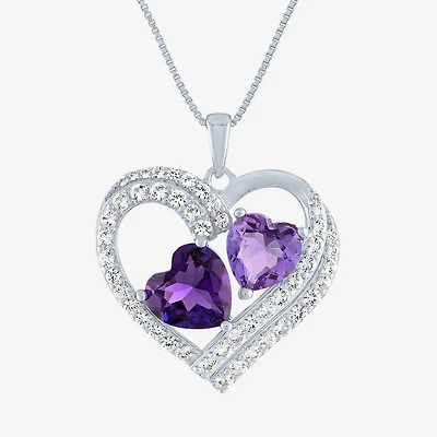 Womens Lab Created Amethyst or Ruby Sterling Silver Heart Pendant Necklace