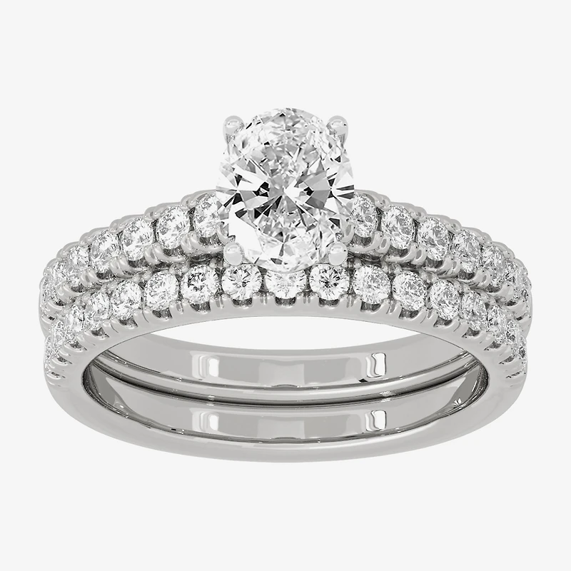 (H-I / Si1-Si2) Womens 1 1/2 CT. T.W. Lab Grown White Diamond 10K Gold Round Side Stone Halo Bridal Set