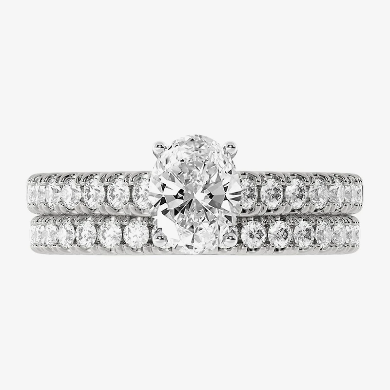 (H-I / Si1-Si2) Womens 1 1/2 CT. T.W. Lab Grown White Diamond 10K Gold Round Side Stone Halo Bridal Set