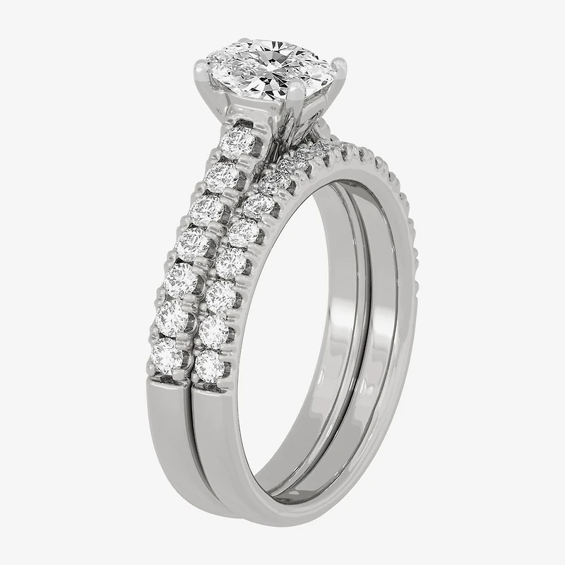 (H-I / Si1-Si2) Womens 1 1/2 CT. T.W. Lab Grown White Diamond 10K Gold Round Side Stone Halo Bridal Set