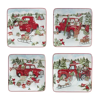 Certified International Red Truck Christmas 4-pc. Dessert Plate