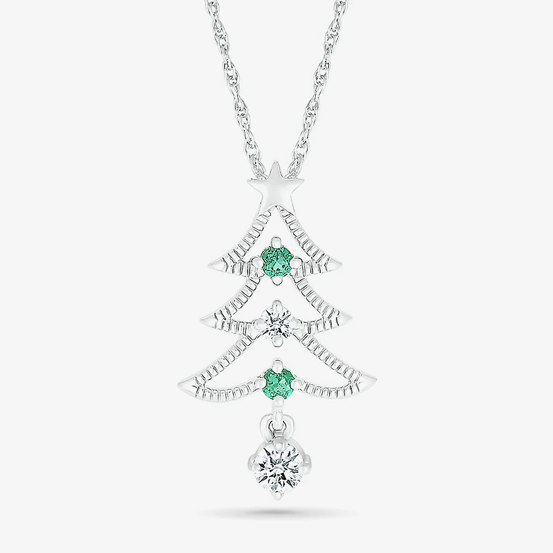 Christmas Tree Womens Lab Created Green Emerald Sterling Silver 18 Inch Pendant Necklace