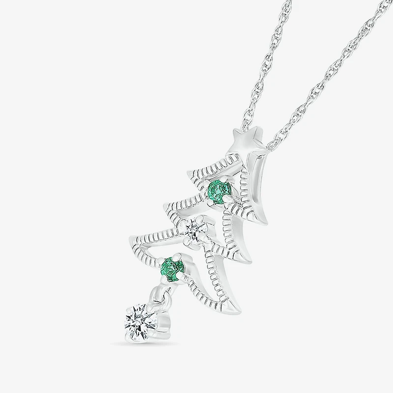 Christmas Tree Womens Lab Created Green Emerald Sterling Silver 18 Inch Pendant Necklace