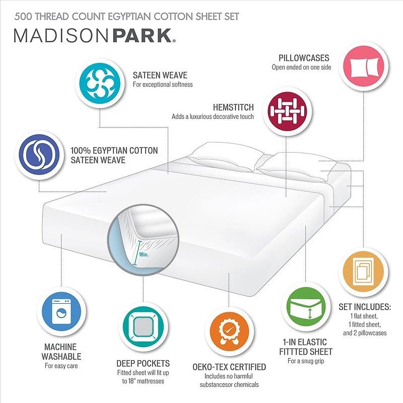 Madison Park Egyptian Cotton 500tc Deep Pocket Sheet Set