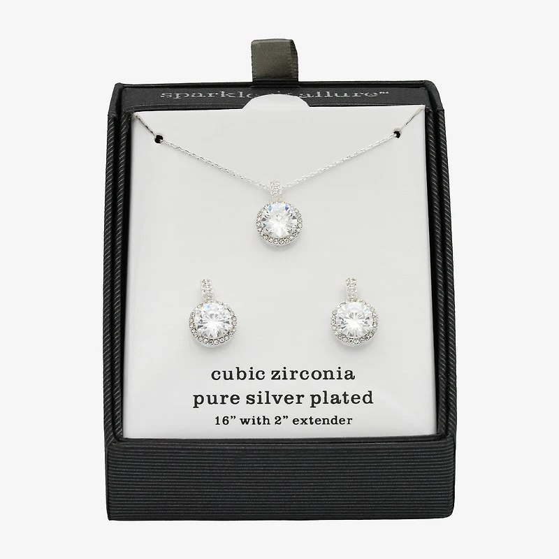 Sparkle Allure Halo Womens Cubic Zirconia Pure Silver Over Brass Round 2-pc. Jewelry Set