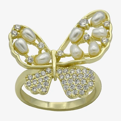Sparkle Allure Womens Simulated Pearl Cubic Zirconia 14K Gold Over Brass Butterfly Cocktail Ring