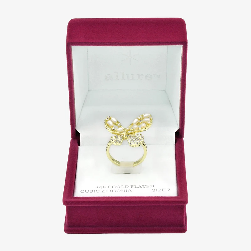 Sparkle Allure Womens Simulated Pearl Cubic Zirconia 14K Gold Over Brass Butterfly Cocktail Ring