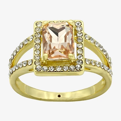 Sparkle Allure Split Shank Womens Champagne Crystal 14K Gold Over Brass Halo Cocktail Ring