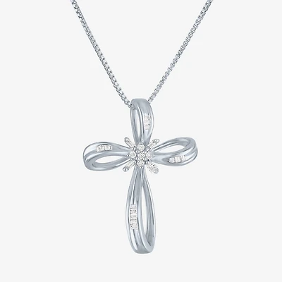 1/10 CT.T.W. Natural Diamond Sterling SIlver Ribbon-Style Cross Pendant Necklace