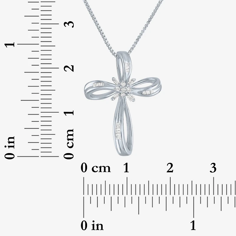 1/10 CT.T.W. Natural Diamond Sterling SIlver Ribbon-Style Cross Pendant Necklace