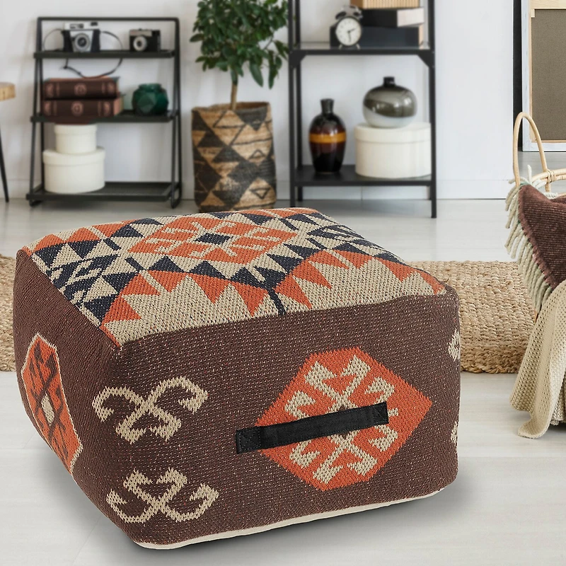 LR Home Ashford 12" Handmade Cotton Blend Pouf in Brown/Natural/Orange