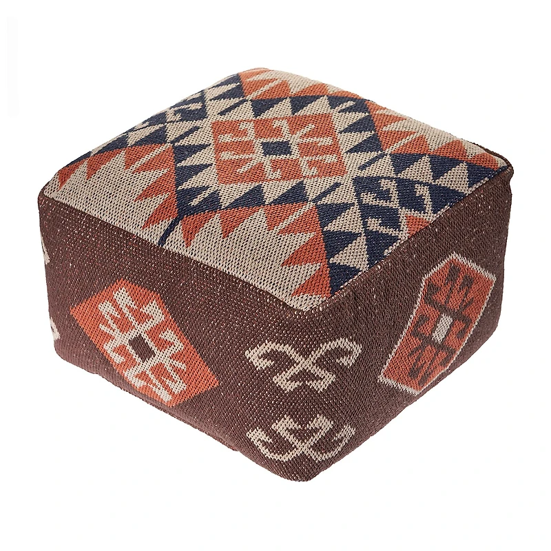 LR Home Ashford 12" Handmade Cotton Blend Pouf in Brown/Natural/Orange