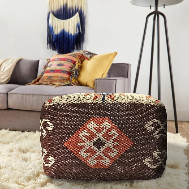 LR Home Ashford 12" Handmade Cotton Blend Pouf in Brown/Natural/Orange