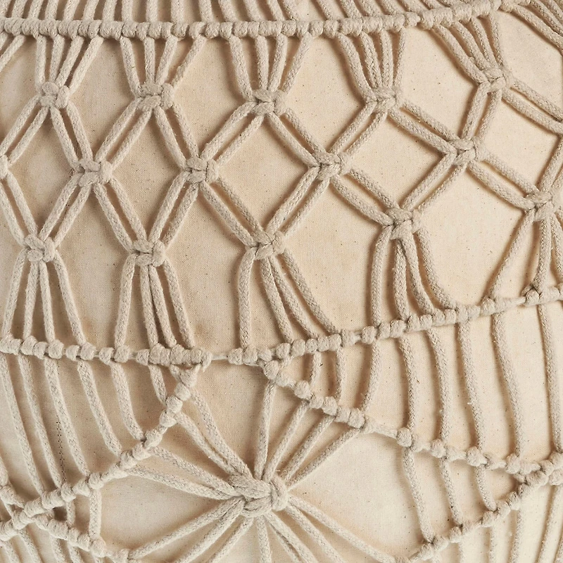 LR Home Nova Macrame 16" Handmade Cotton Blend Pouf in Cream