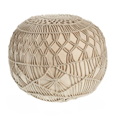 LR Home Nova Macrame 16" Handmade Cotton Blend Pouf in Cream