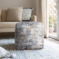 LR Home Winston 18" Handwoven Cotton Pouf in Blue/Beige/Cream