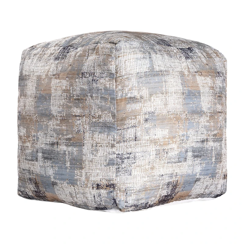 LR Home Winston 18" Handwoven Cotton Pouf in Blue/Beige/Cream