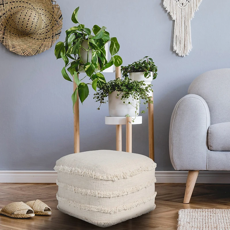 LR Home Surrey 14" Handmade Fringed Cotton Pouf