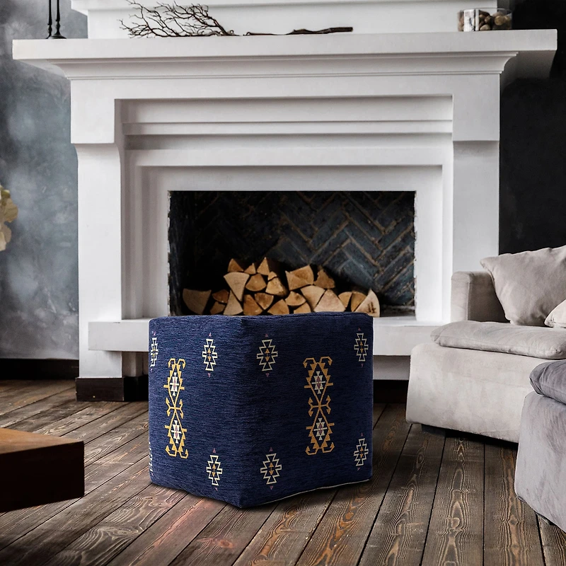LR Home Victoria 18" Power-Loomed Polyester Blend Pouf in Navy Blue
